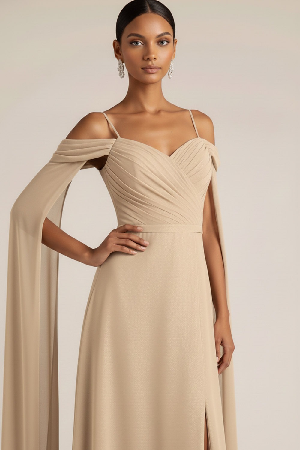 Champagne Formal Evening Dress Cold Shoulder Cape Chiffon Maxi Dress