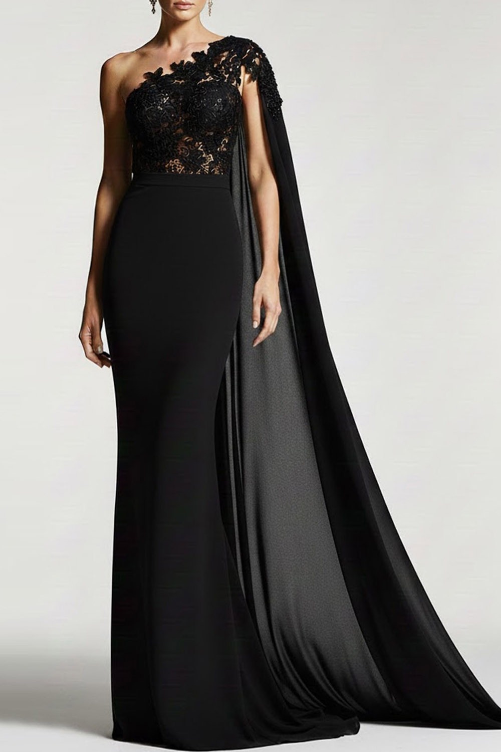 Black Formal Evening Dress One Shoulder Chiffon Maxi Dress with Cape