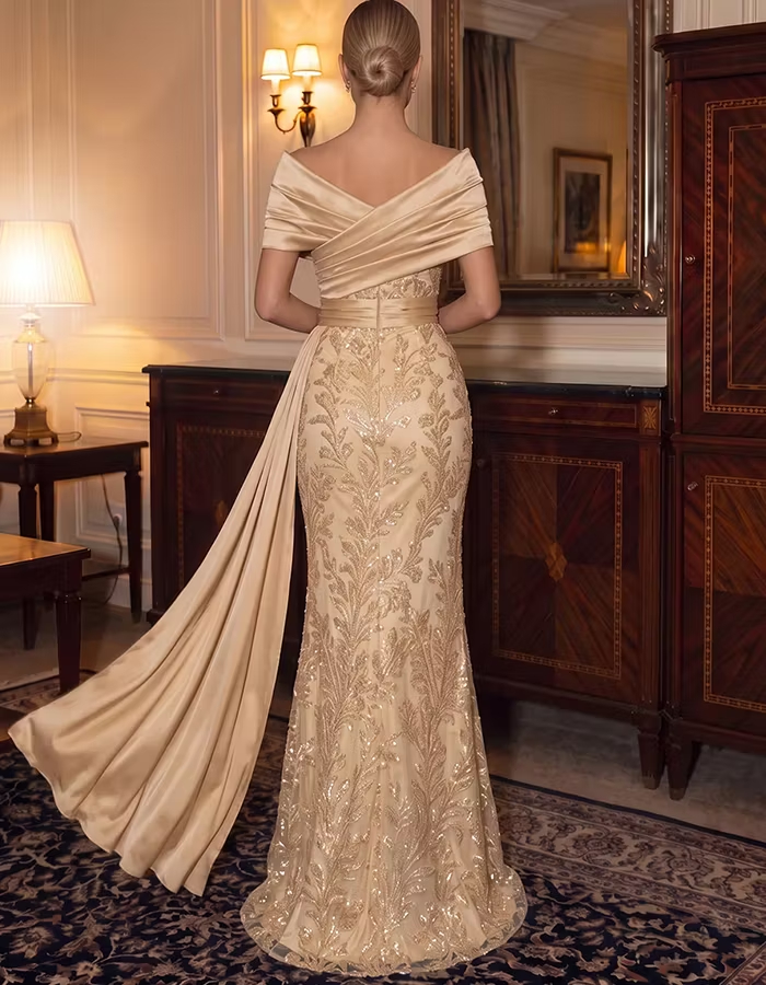 Champagne Off‑Shoulder Satin Sequin Embroidery Maxi Dress