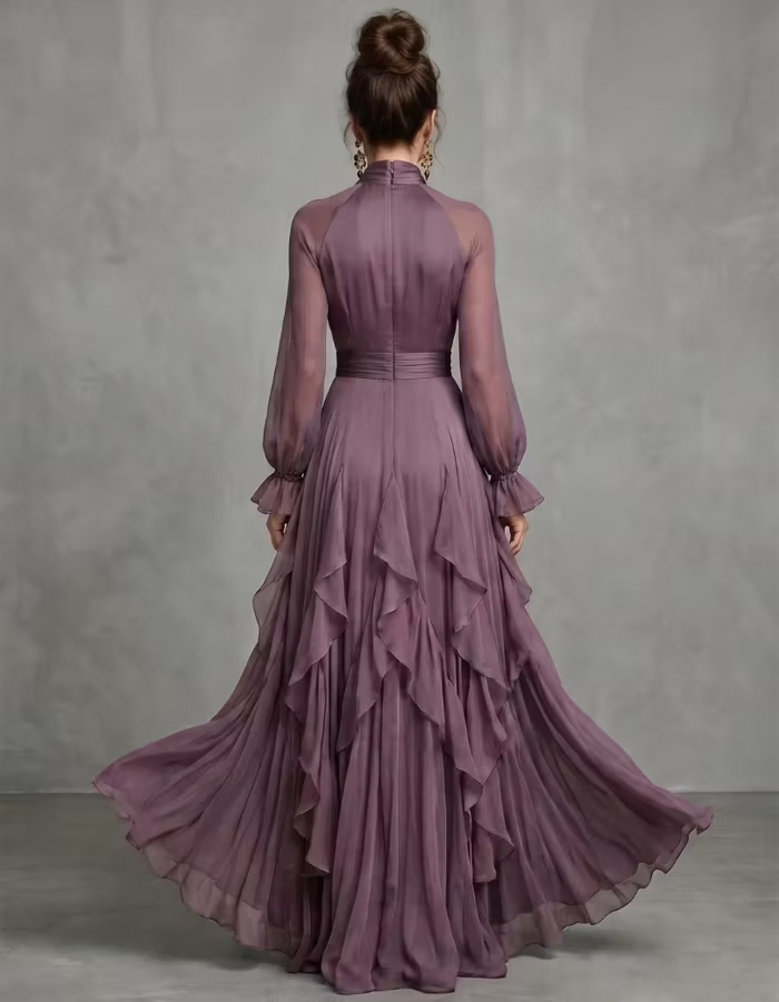 Pale Purple Tie-neck Long-sleeved Ruffled Chiffon A-line Floor-length Maxi Dress