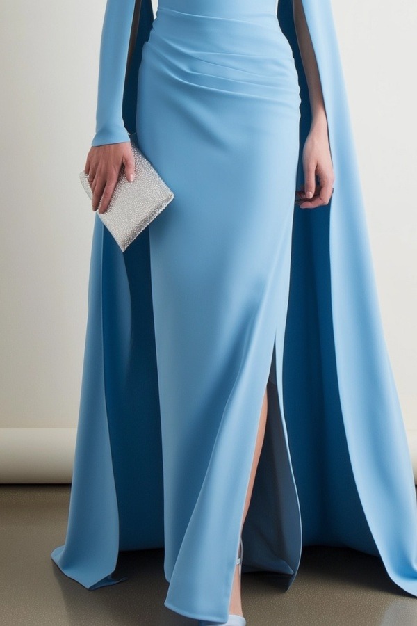Formal ​Evening Dress Blue Off Shoulder Cape Maxi Dress