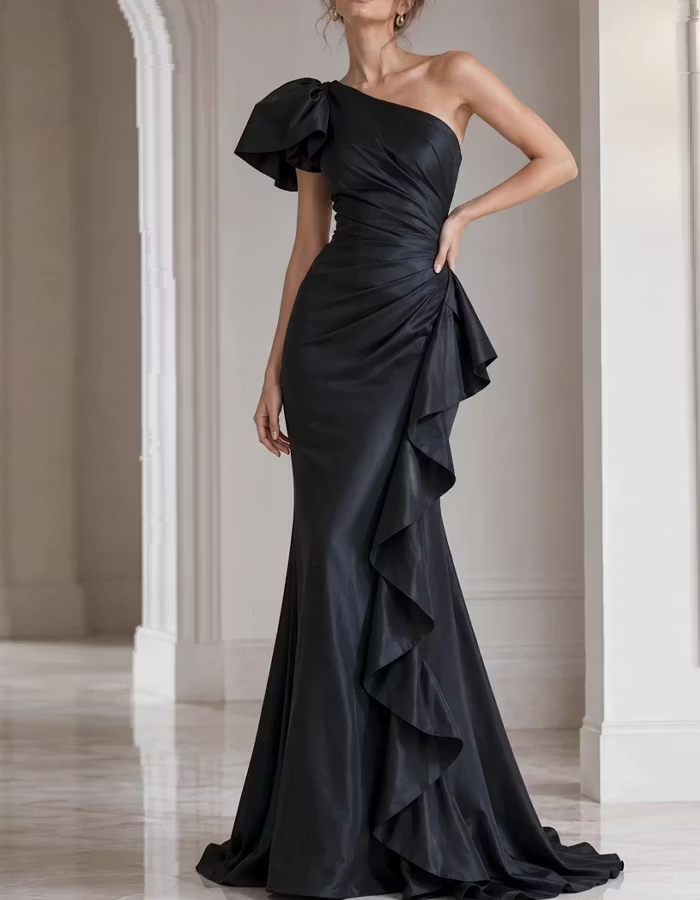 Black One‑Shoulder Cascading Ruffle Satin Mermaid Maxi Dress