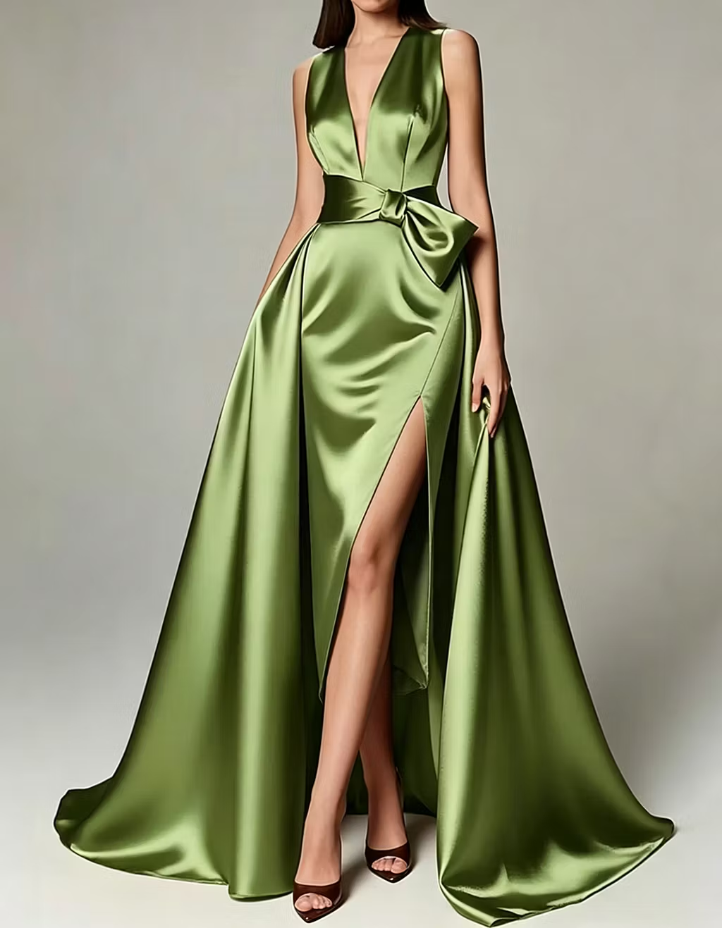 Satin V-neck Fitted Waist Maxi Dress
