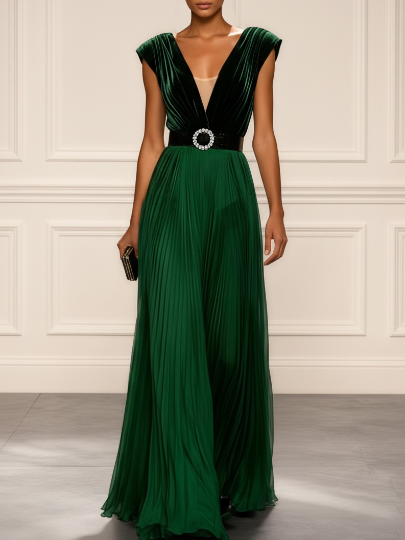 Green Ruched Split Joint Velvet V Neck Sleeveless A-Line Maxi Dress