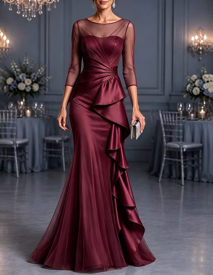 Illusion Round Neck Tulle & Satin Cascading Ruffles 3/4 Sleeve Mermaid Maxi Dress