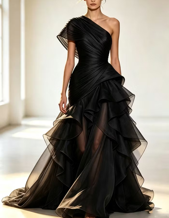 Black Asymmetrical One-shoulder Pleats Maxi Dress