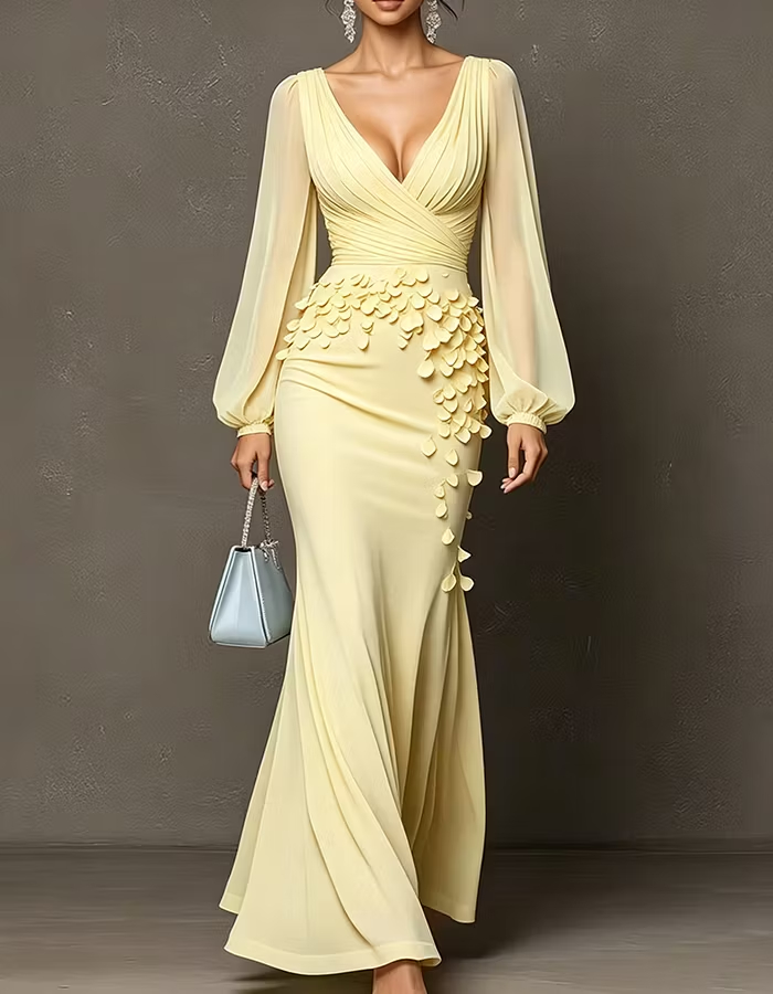 Deep V Sheer Puff Sleeve 3D Petal Chiffon Maxi Dress