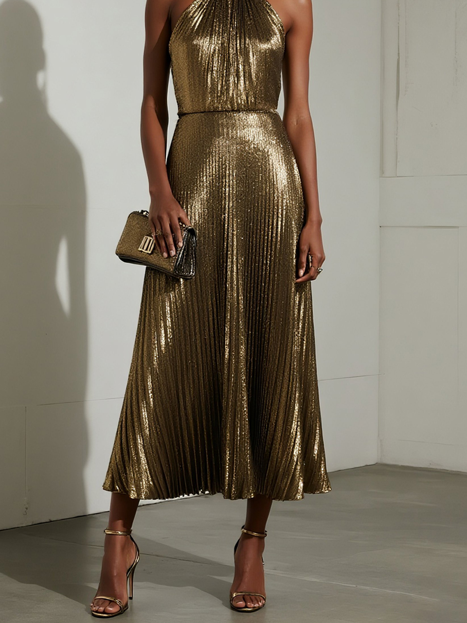 Yellow Brown Pleated Satin Halter Sleeveless A-Line Maxi Dress