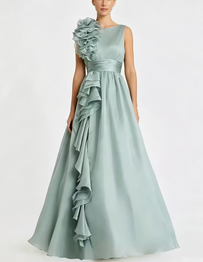 Sage Green 3D Floral Ruffle A‑Line Long Maxi Dress