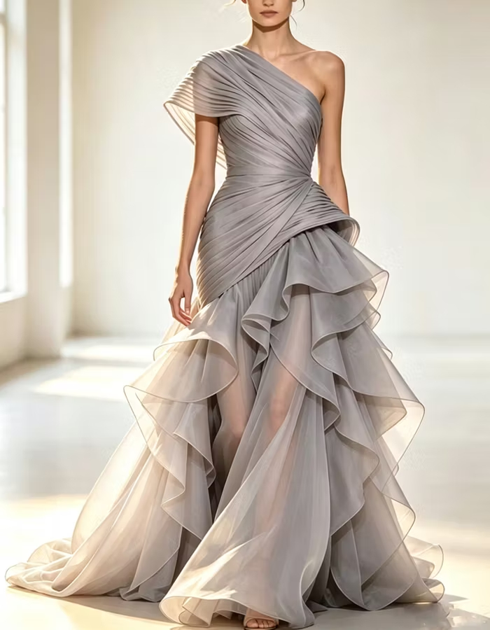 Black Asymmetrical One-shoulder Pleats Maxi Dress