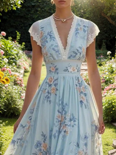 Light Blue Imitation Pearls Floral V Neck A-Line Maxi Chiffon Dress