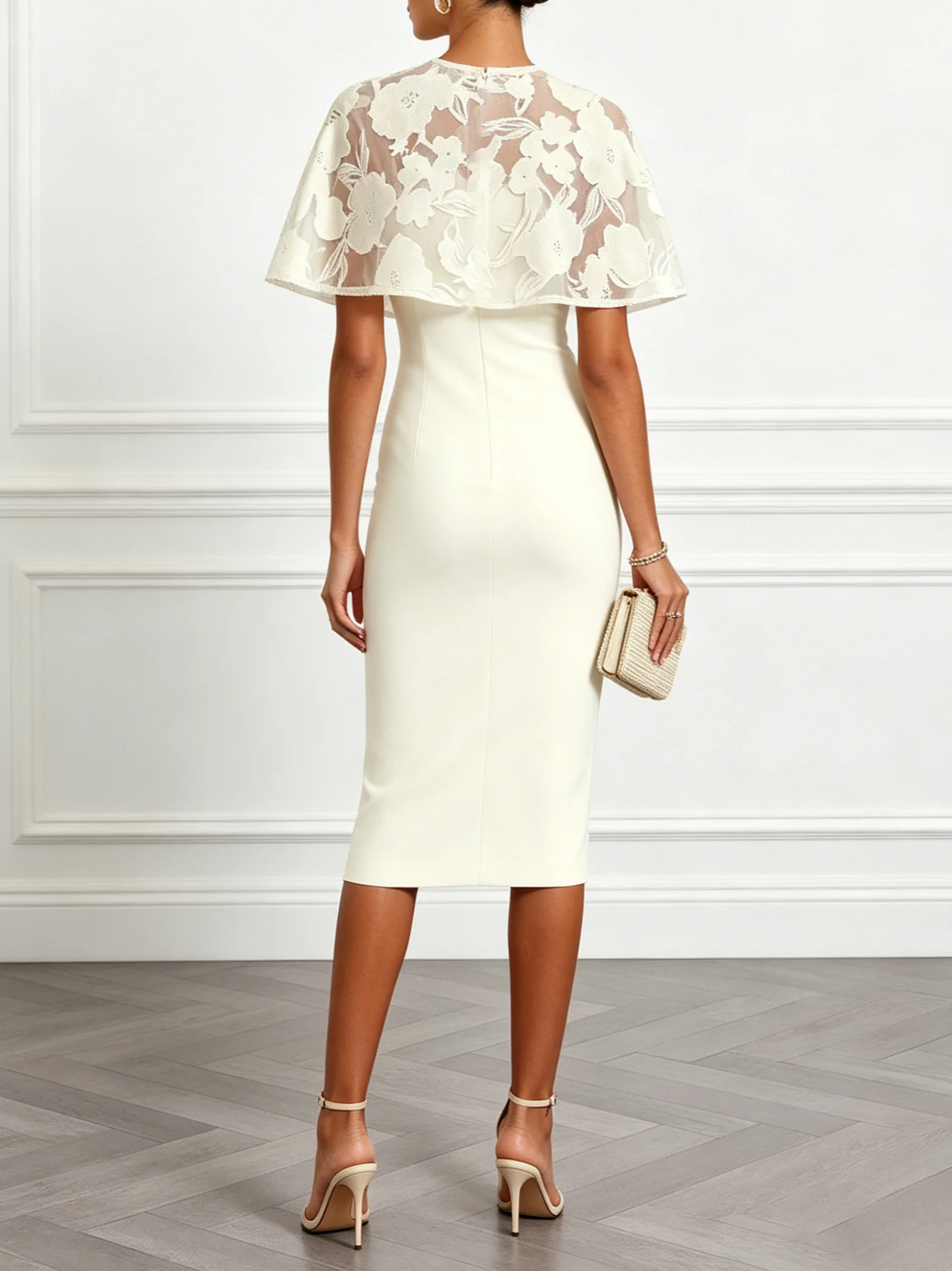 Off White Lace Lace Crew Neck Short Sleeve Sheath Midi Dress