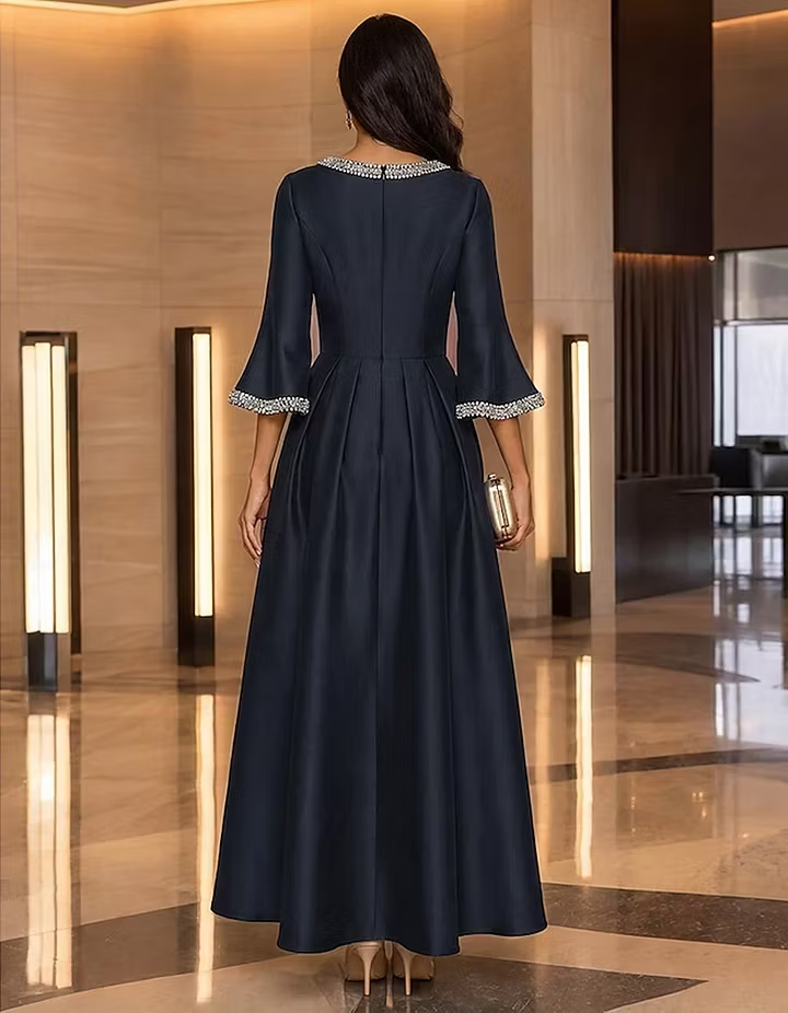 Navy Blue Round Neck 3/4 Flare Sleeve Rhinestone Embellished A-Line Midi Dress