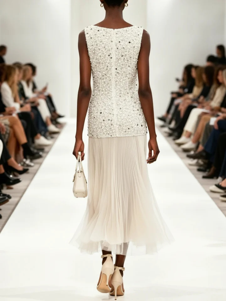 Off White Glitter Pleated Sequin Boat Neck Sleeveless Sheath Midi Dress