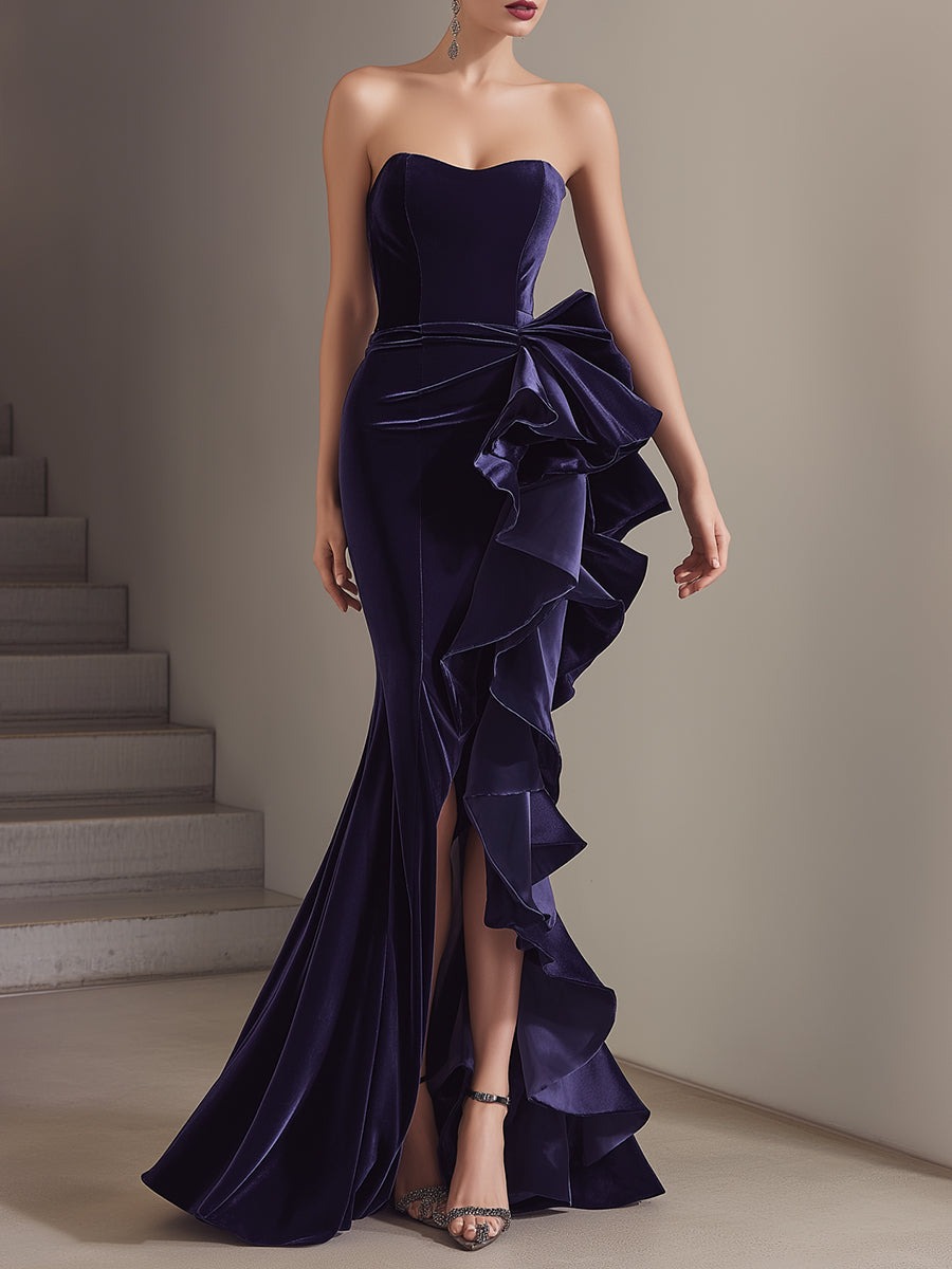 Strapless Royal Purple Velvet Ruffle Evening Gown