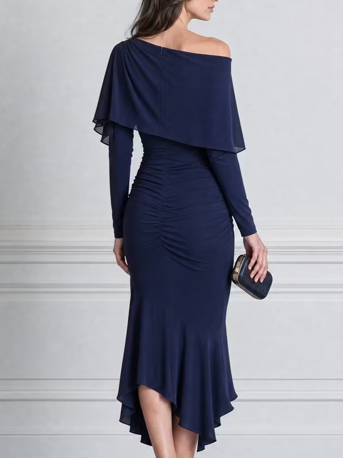 Navy Blue Asymmetric Chiffon Cape Overlay Ruched Midi Dress