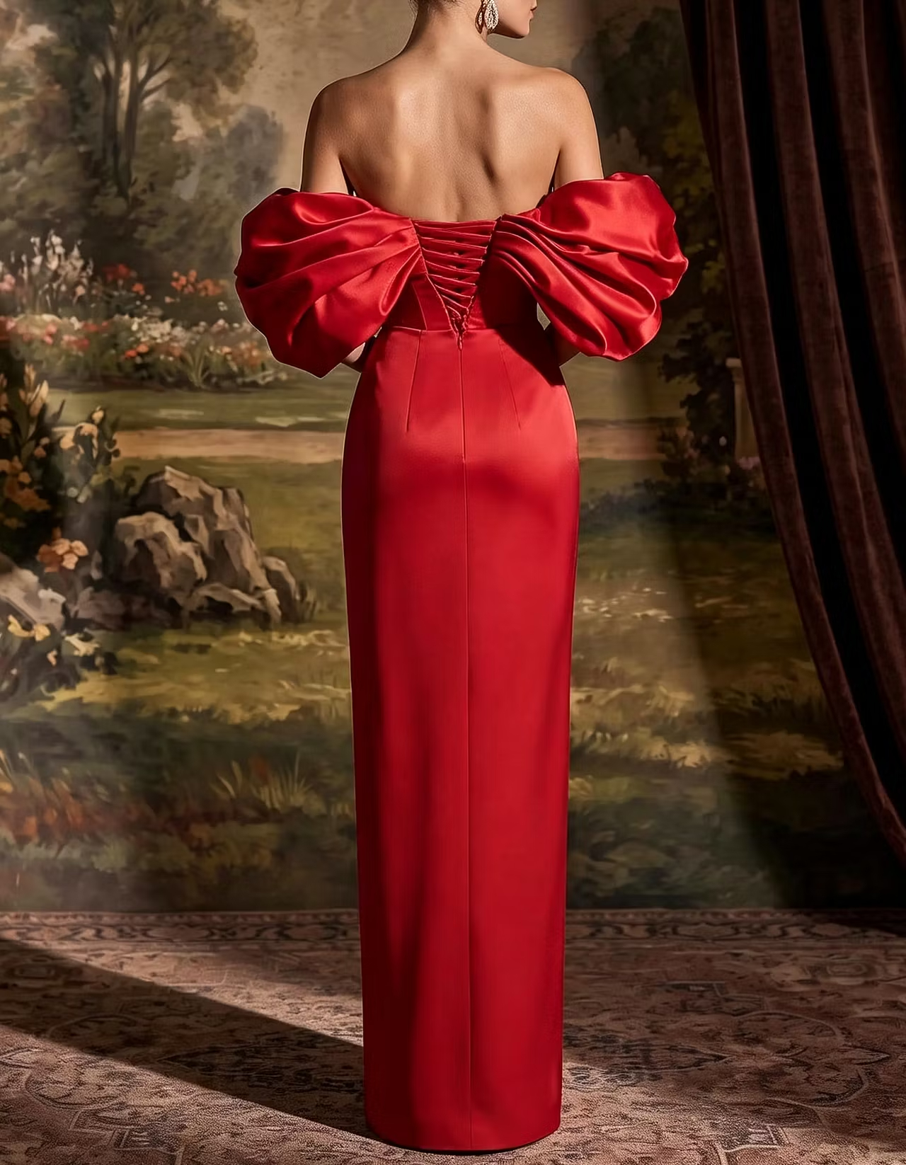 Off‑the‑Shoulder Statement Puff Sleeve Satin Column Evening Maxi Dress