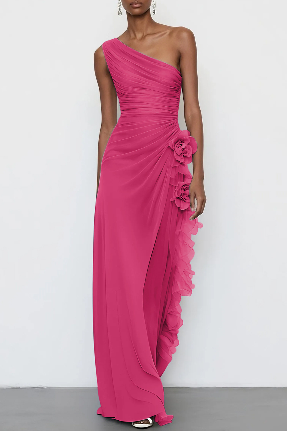 Light Blue 3D Floral Chiffon One Shoulder Sleeveless Sheath Maxi Dress