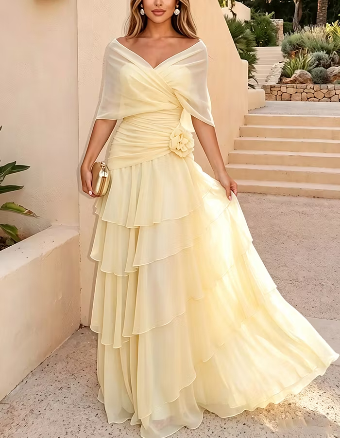 Chiffon Cape Sleeve Ruched 3D Floral Tiered Ruffle Maxi Dress