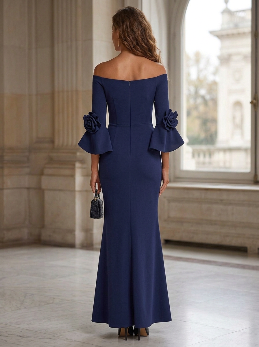 Navy Blue Off-the-Shoulder 3/4 Flare Sleeve 3D Flower Cuff Mermaid Maxi Dress