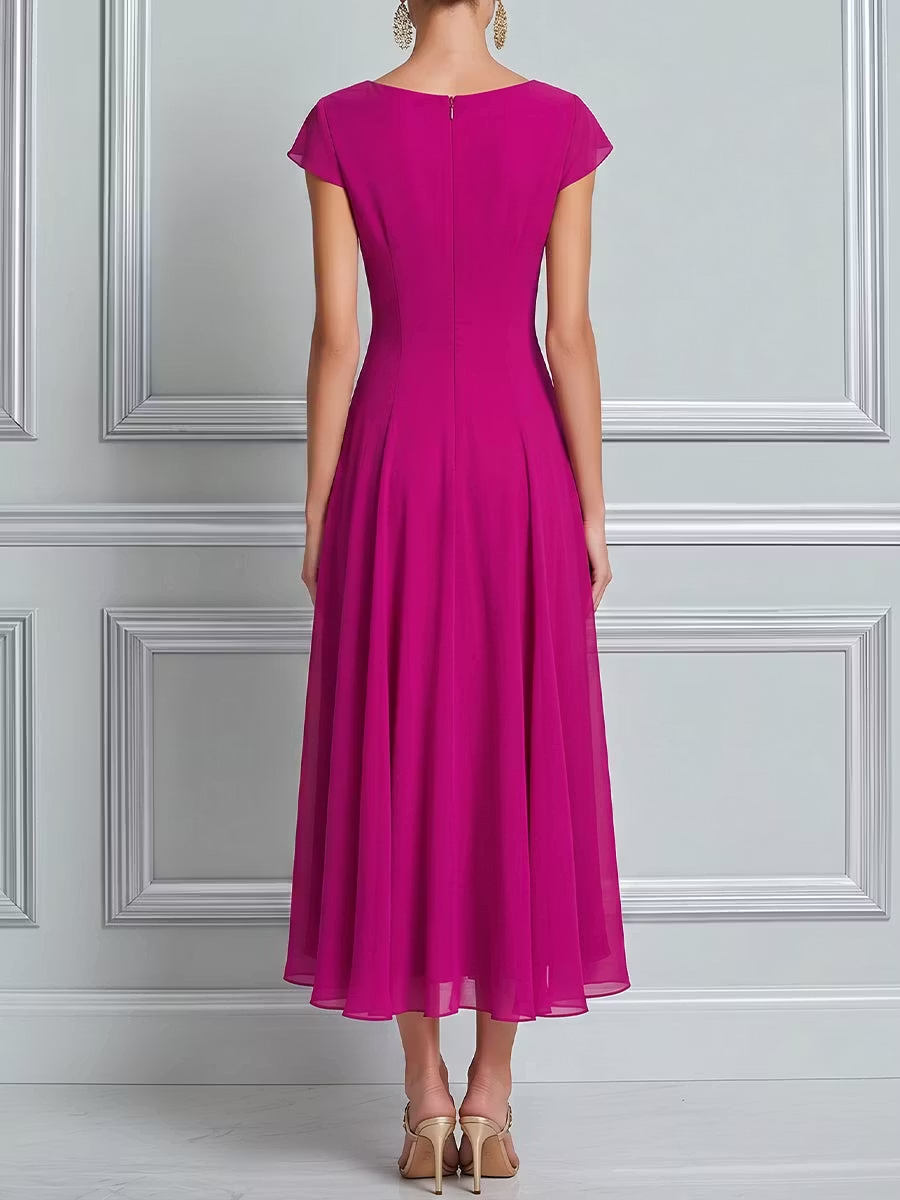 Fuchsia Draped Cowl Neck Cap Sleeve Flowy Chiffon Midi Dress