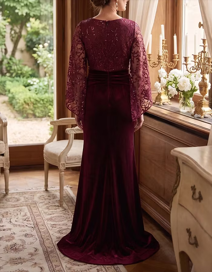 Sequin Lace V-Neck Flounce Sleeve Velvet Mermaid Maxi Dress