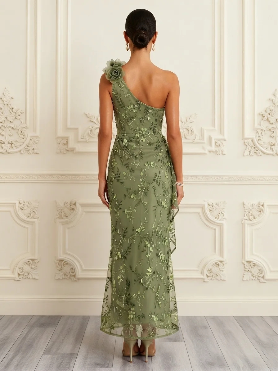 Sage Green One Shoulder Floral Midi Dress