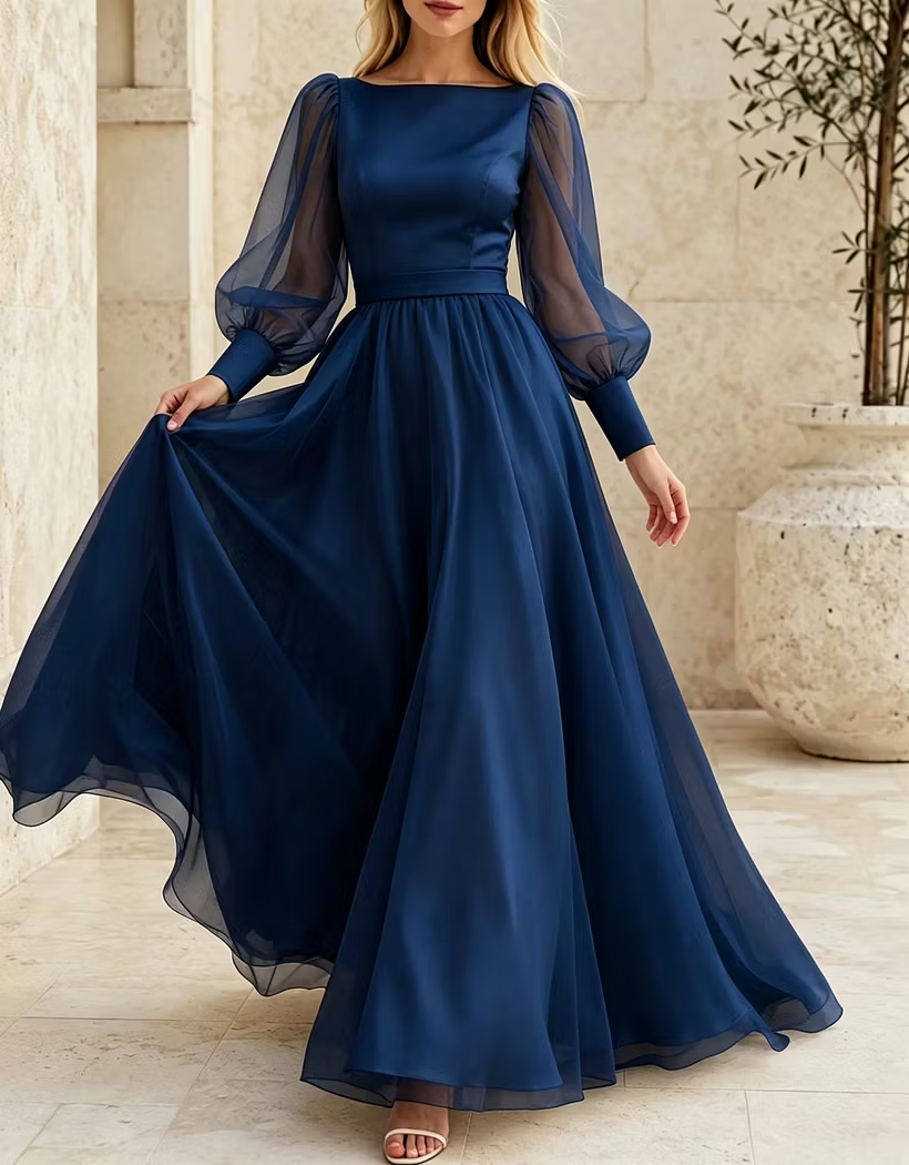 Boat Neck Satin Chiffon Sheer Puff Long Sleeve Evening A‑Line Maxi Dress
