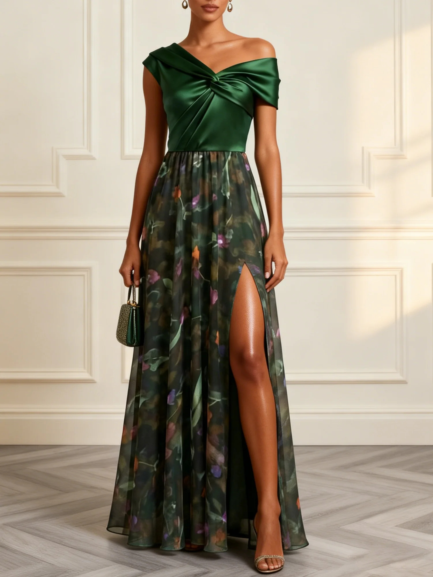 Green Chiffon Asymmetrical Short Sleeve A-Line Maxi Dress