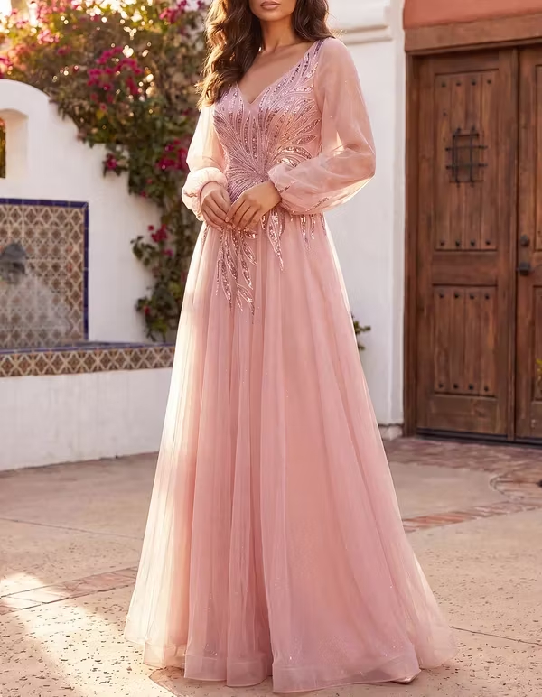 V‑Neck Sparkly Tulle Long Puff Sleeve Sequin Embroidery A‑Line Evening Maxi Gress