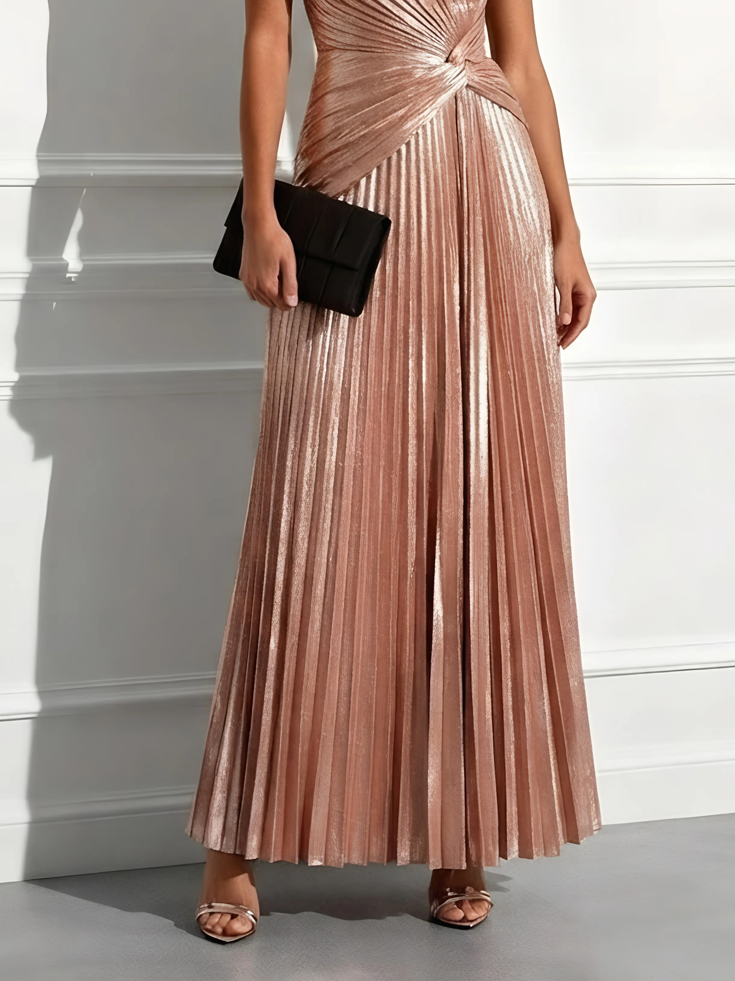 Rose Gold Pink Satin One Shoulder Sleeveless A-Line Maxi Dress