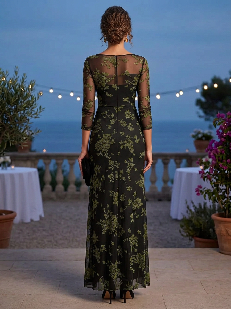 Black Round Neck 3/4 Sleeve Floral Embroidery Ruched Waist Sheath Maxi Dress