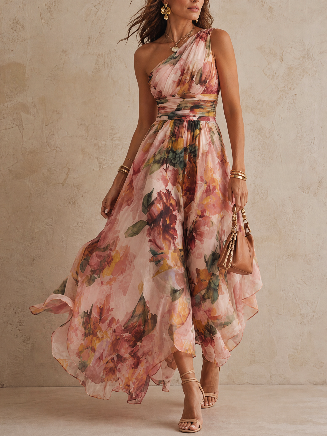 Blushing Floral Print One-Shoulder Chiffon A-Line Maxi Gown Dress