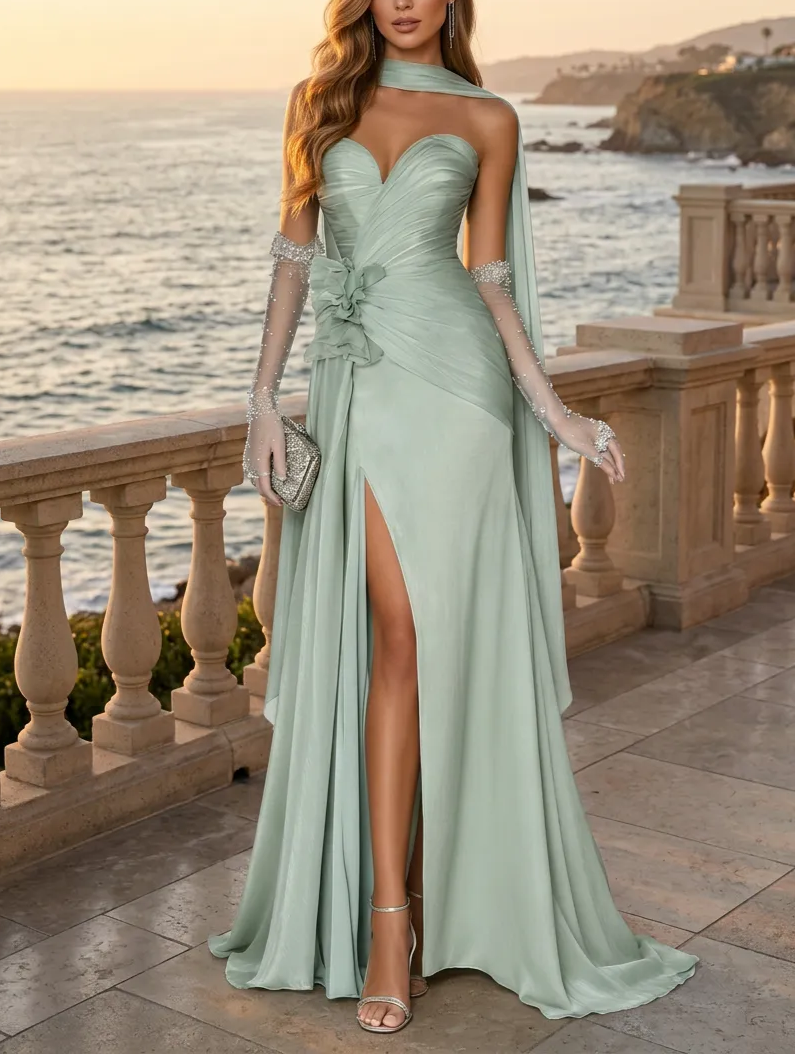 Sage Green Sweetheart Draped Flower High Slit Maxi Dress