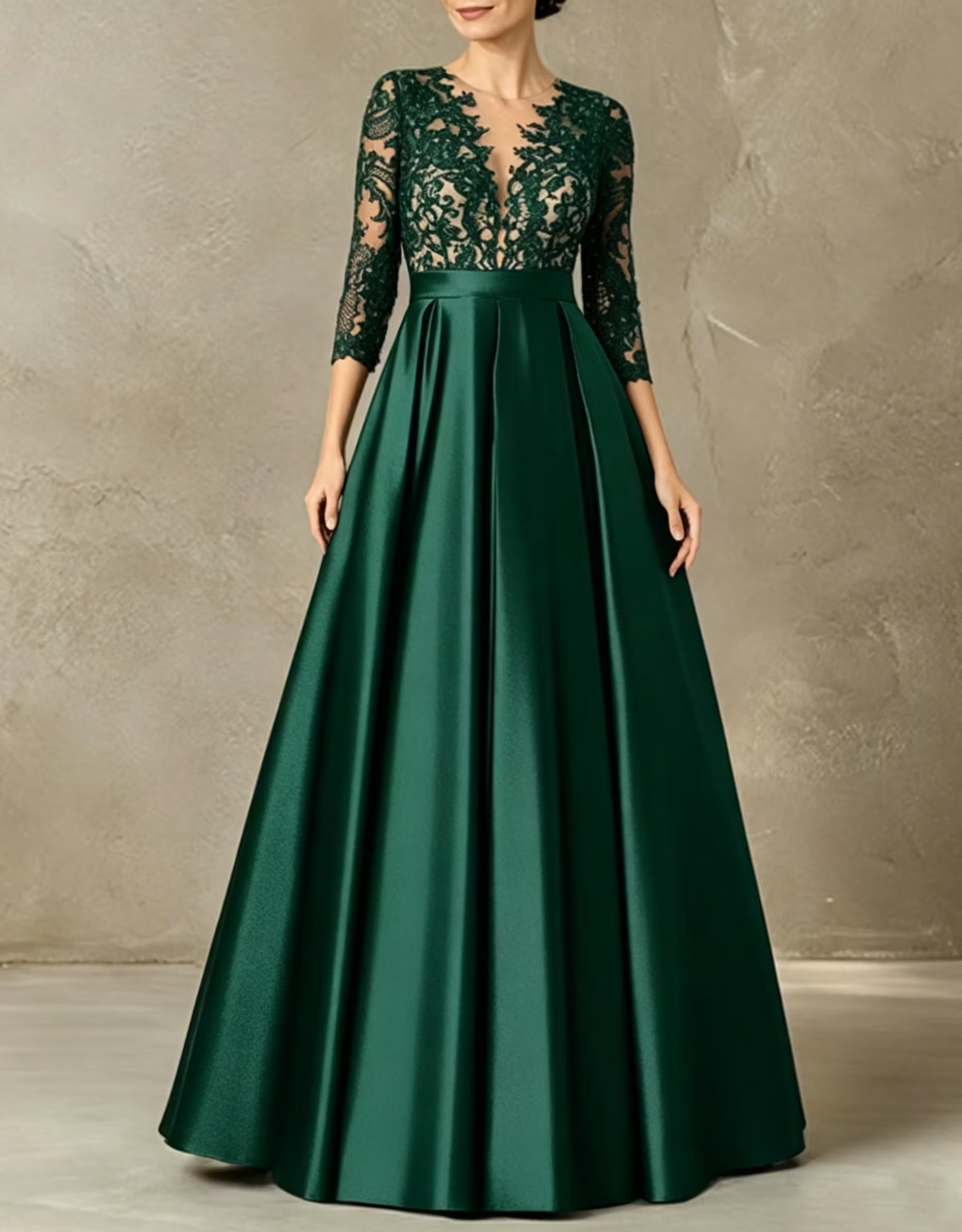 Deep V‑Neck Illusion Lace Embroidered Satin 3/4 Sleeve A‑Line Maxi Dress