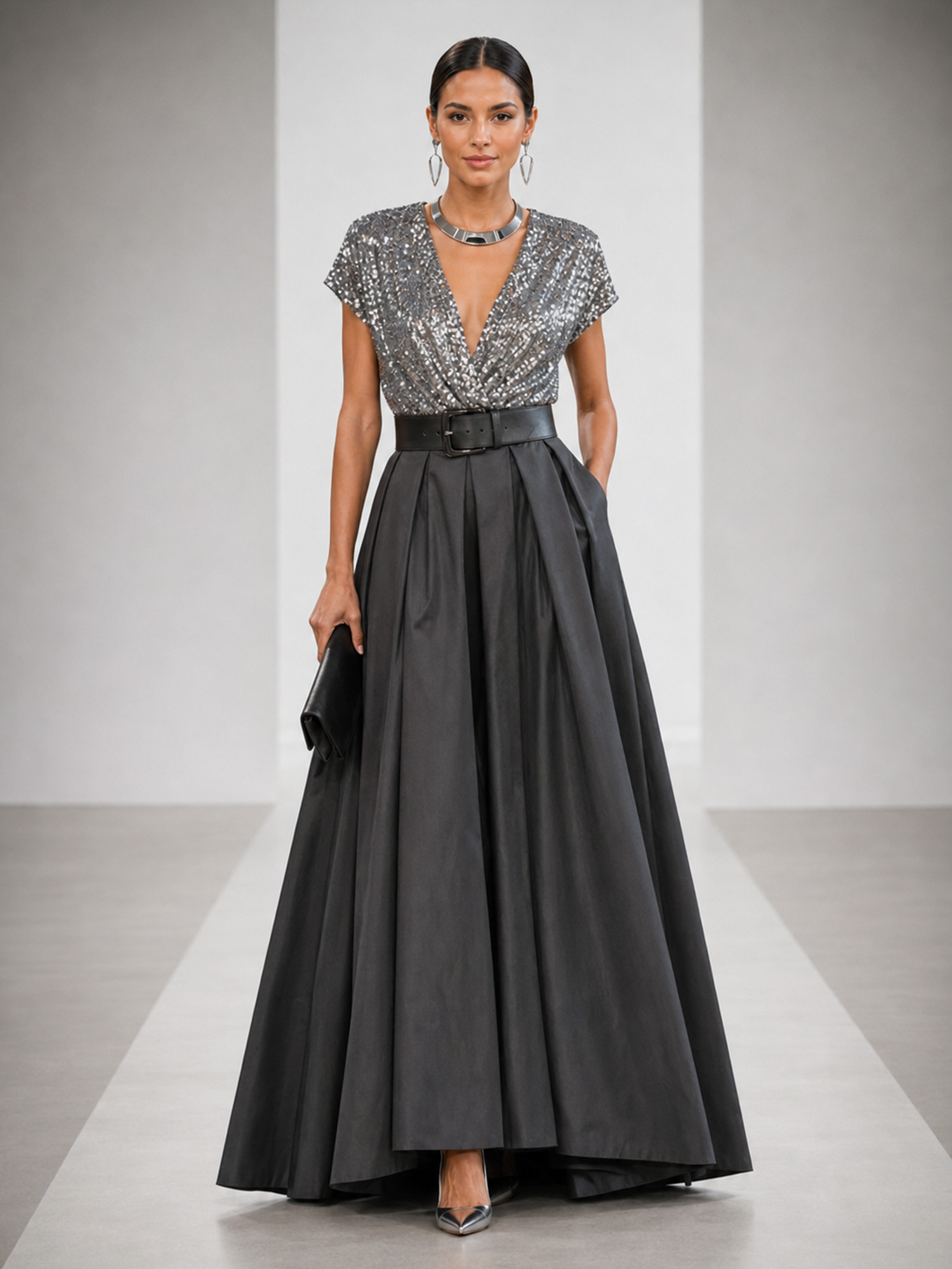Dark Grey V‑Neck Short‑Sleeve A‑Line Sequin & Taffeta Maxi Evening Gown