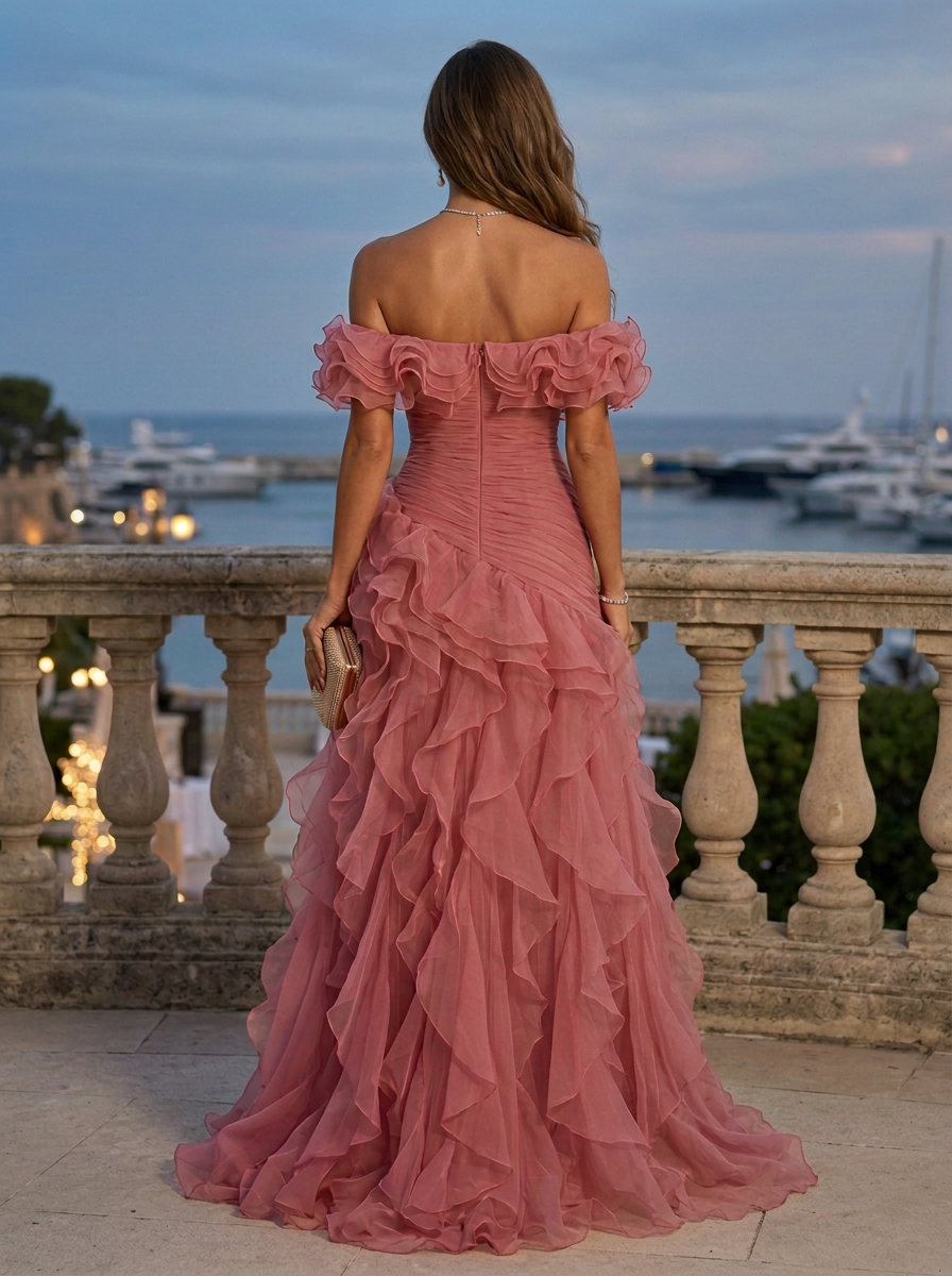 Dusty Rose Strapless Floral Ruffle Tulle A-Line Maxi Dress