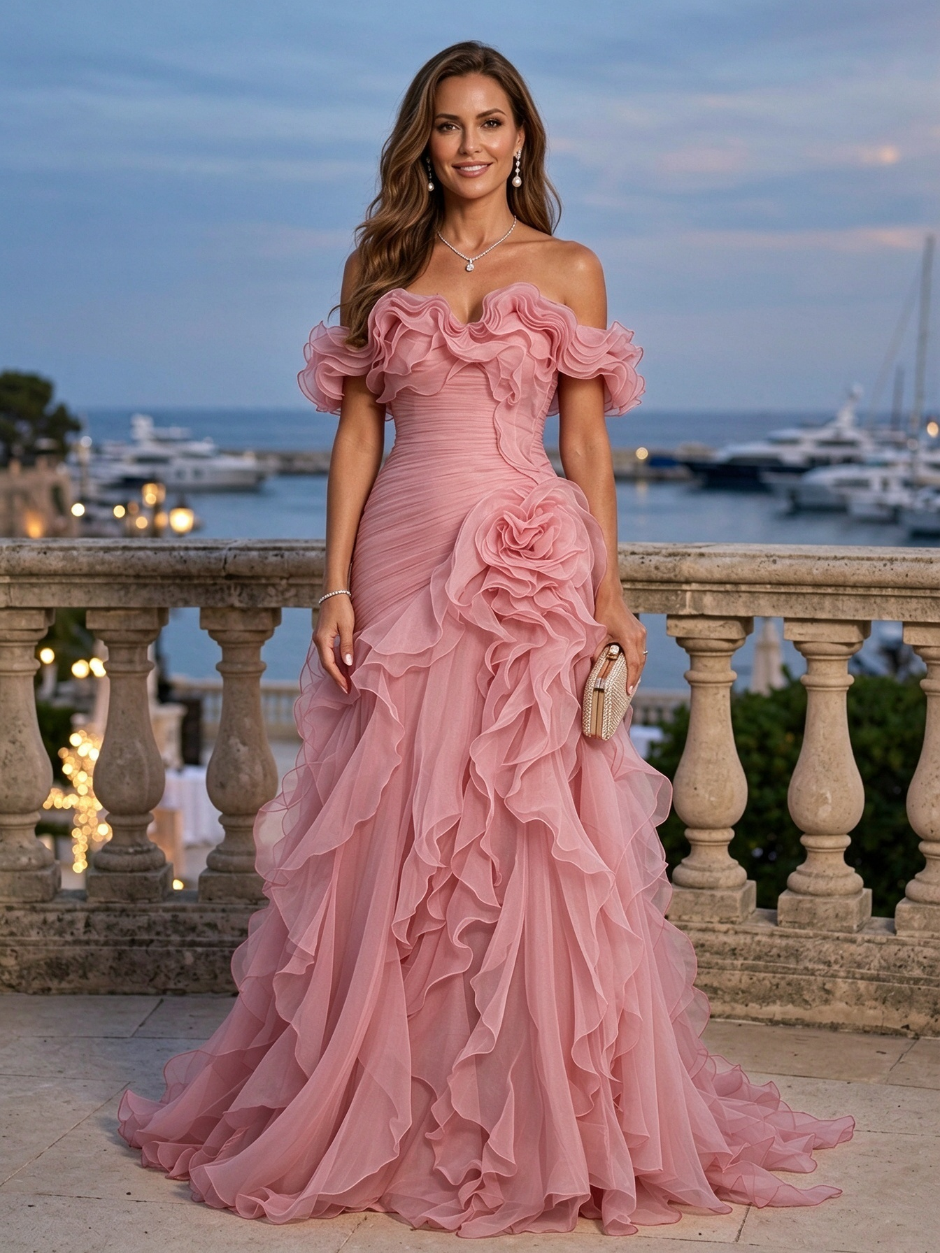 Dusty Rose Strapless Floral Ruffle Tulle A-Line Maxi Dress