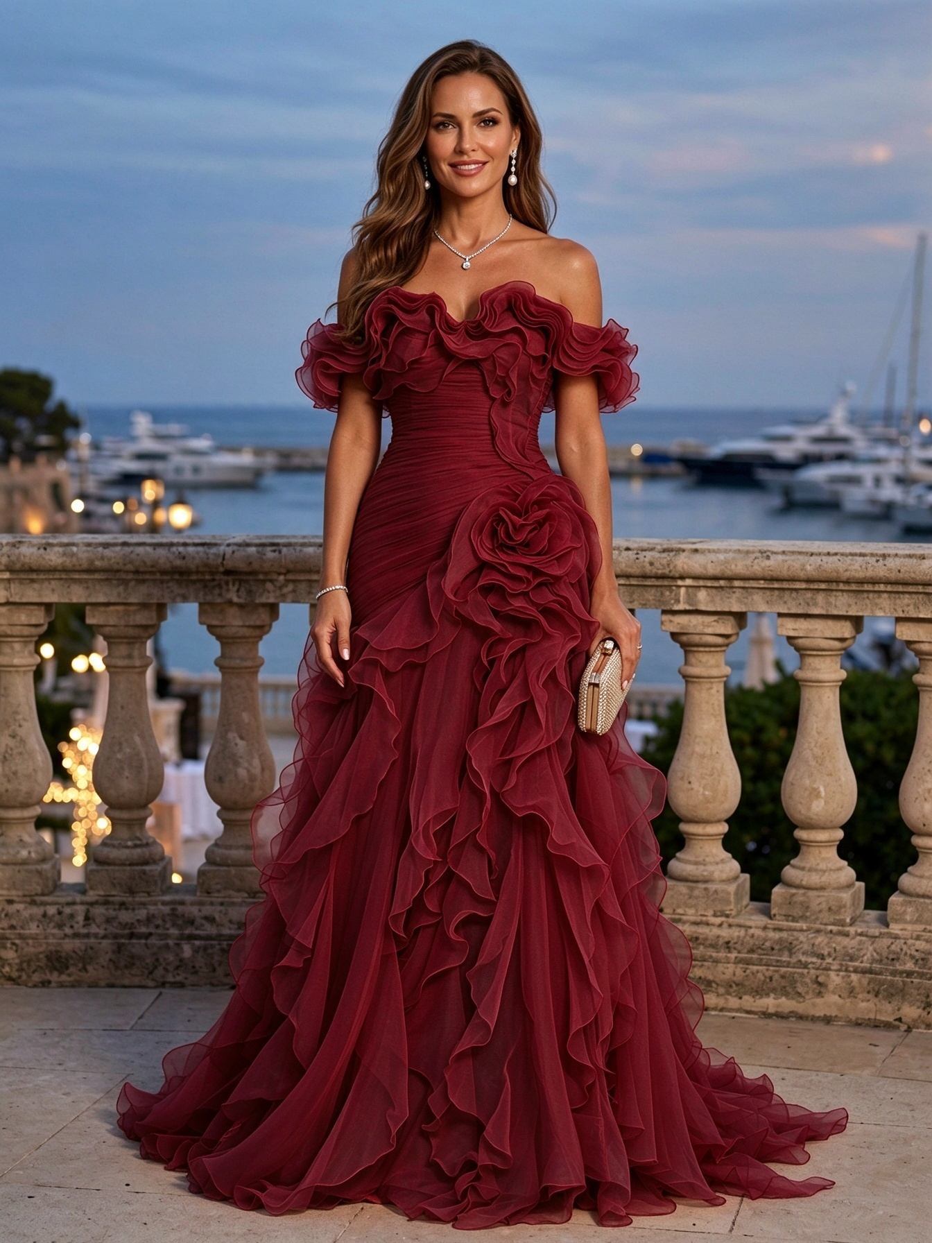 Dusty Rose Strapless Floral Ruffle Tulle A-Line Maxi Dress
