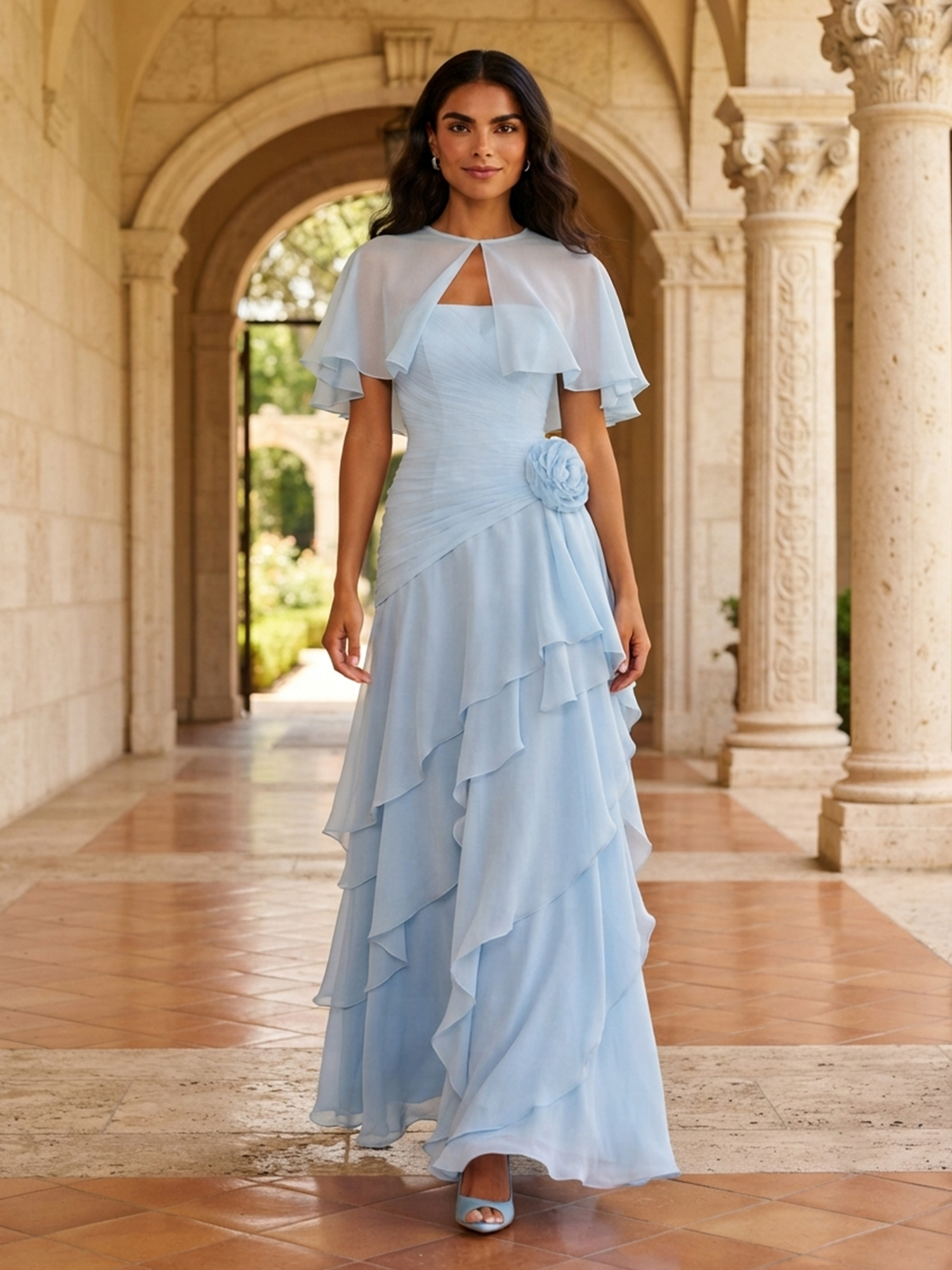 Light Blue Cape Sleeve Floral Appliqué Tiered Chiffon Maxi Dress