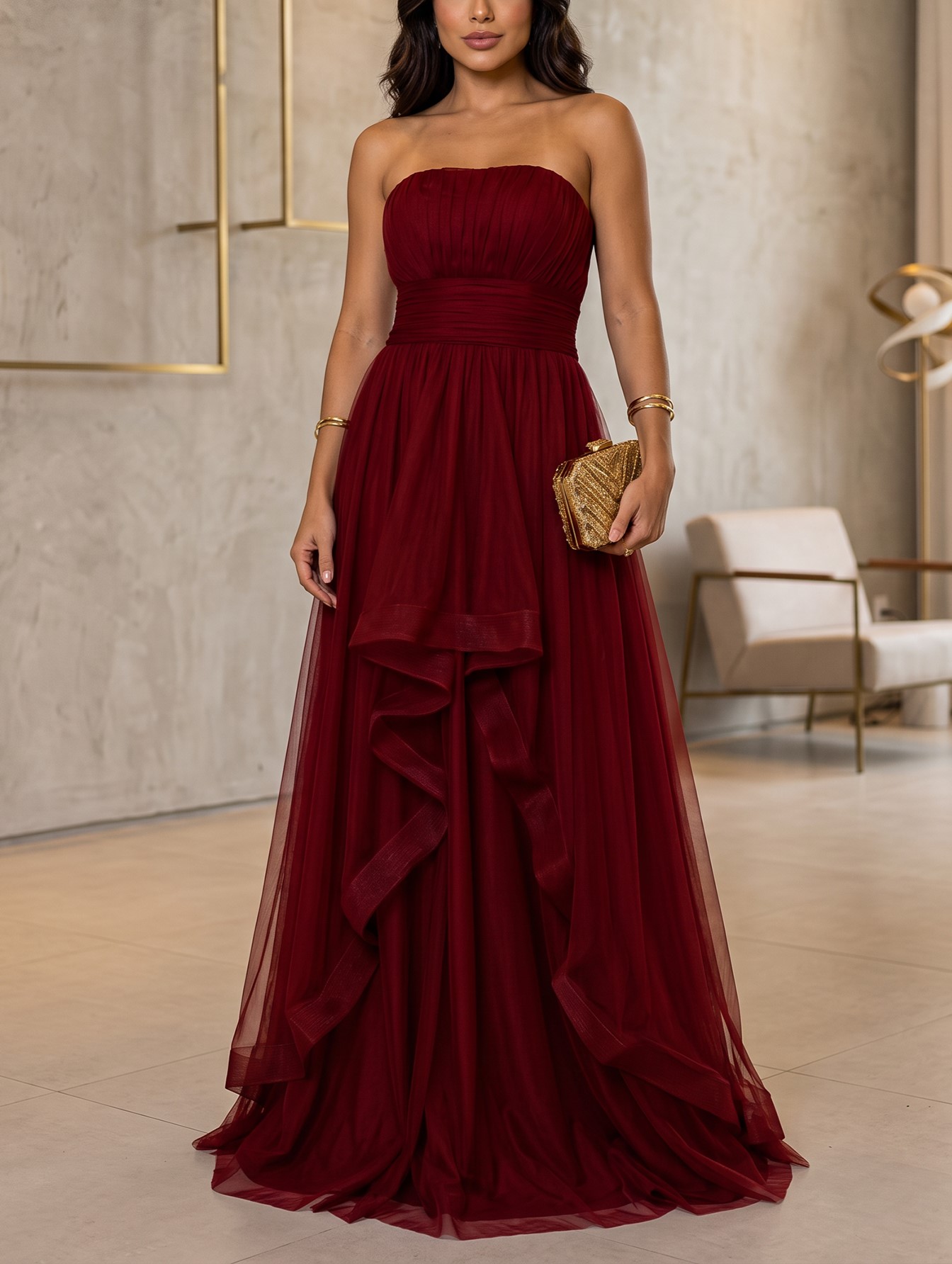 Burgundy Strapless Ruched Cascading Ruffle Tulle Maxi Dress