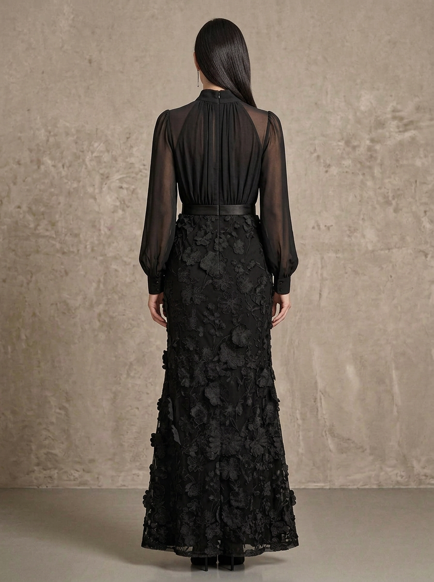 Black 3D Floral Applique High Neck Mermaid Floor‑Length Maxi Dress