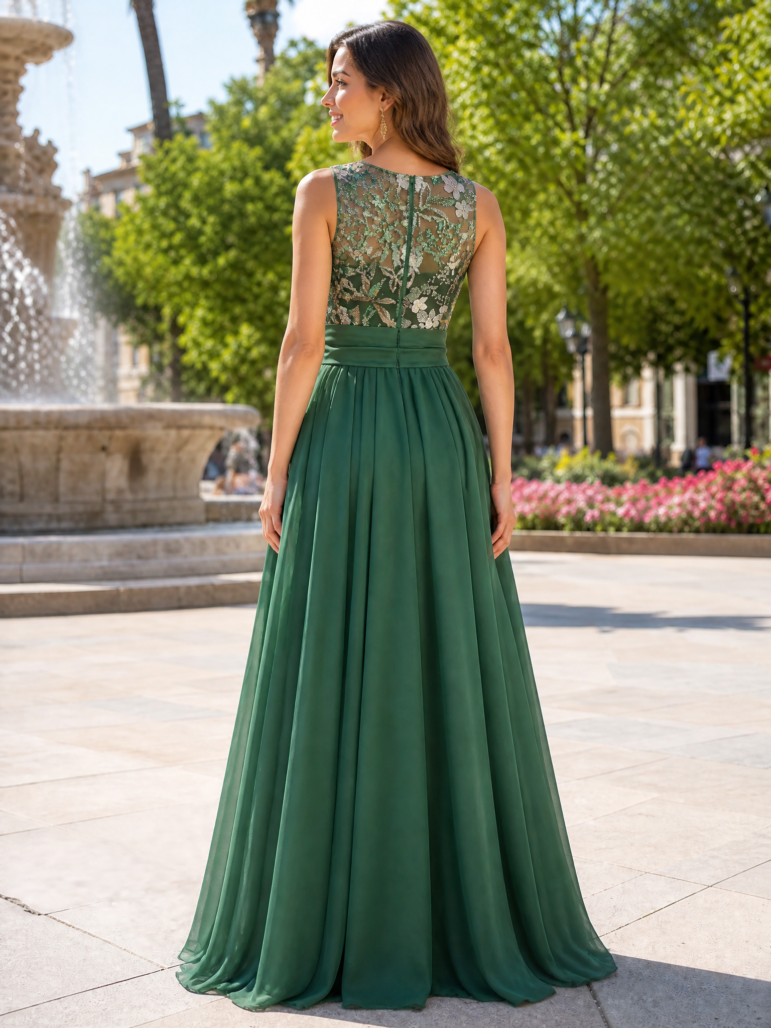 Emerald Green Sleeveless Floral Beaded Belted Maxi Dress
