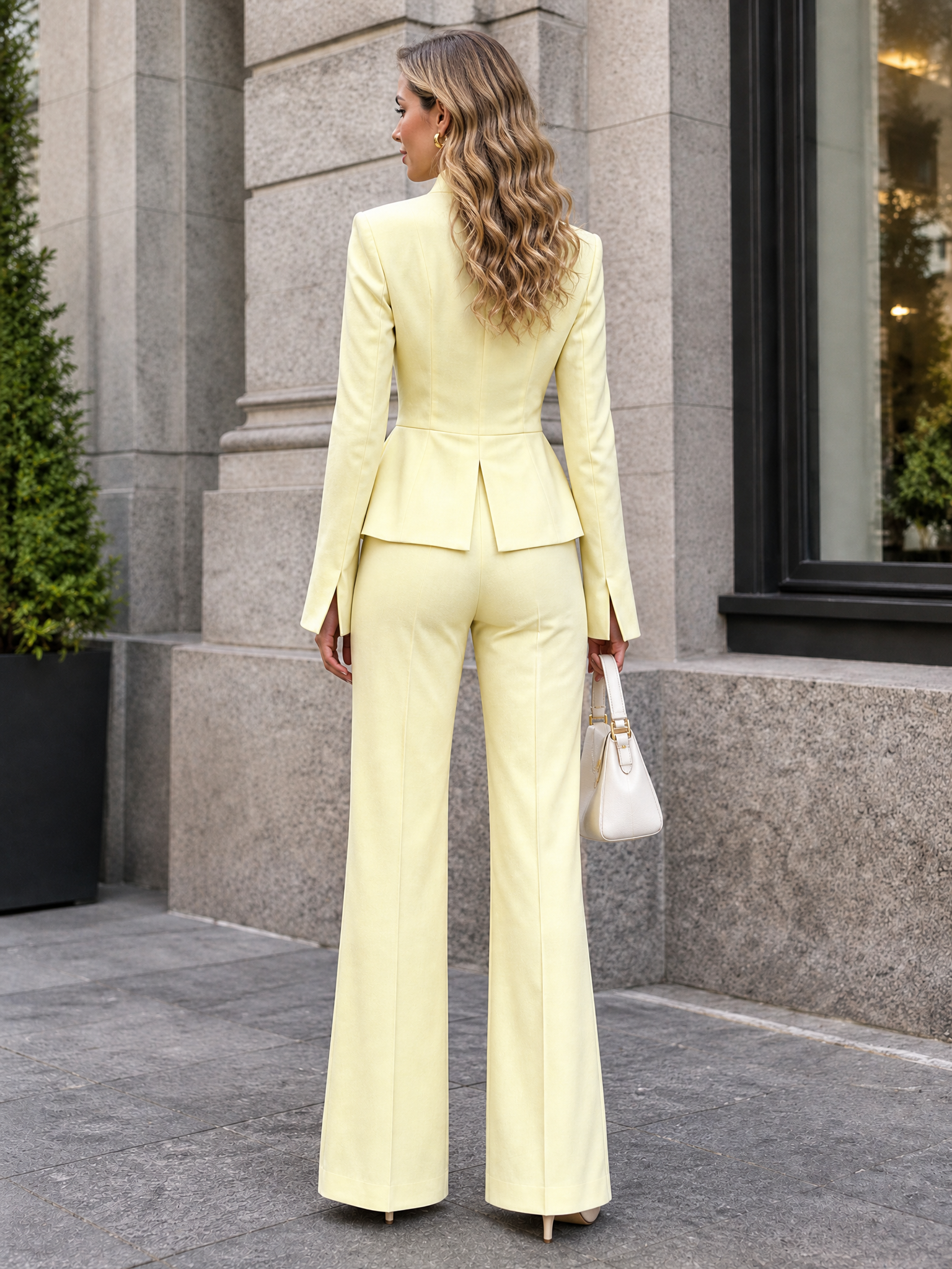 Lemon Yellow Mandarin Collar Peplum Button Front Wide Leg Pantsuit