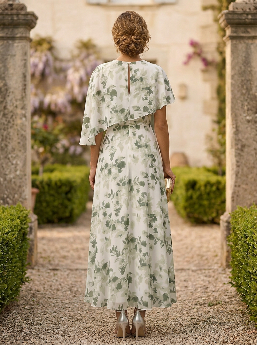 Green Floral A-Line with Cape Maxi Dress
