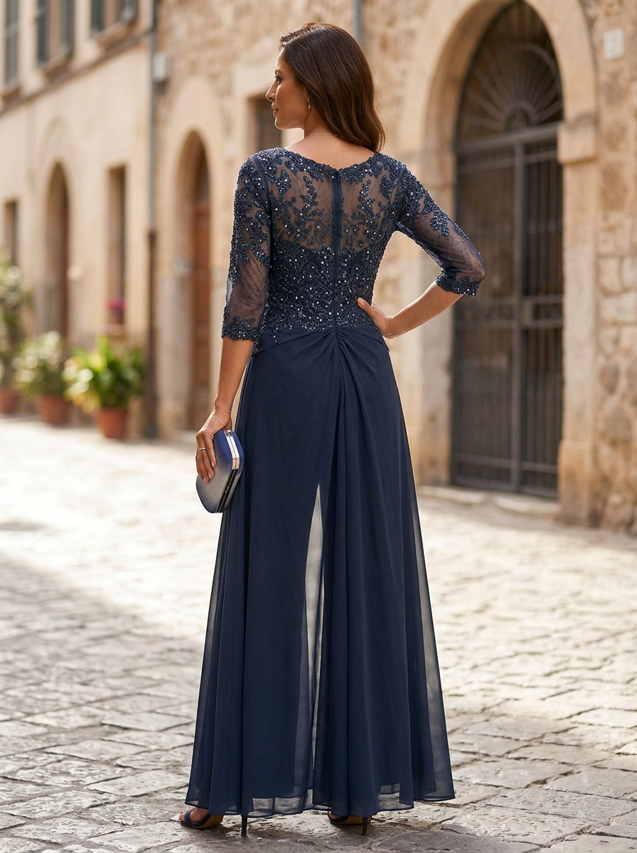 Solid Color Chiffon V-Neck Half Sleeve Mother of the Bride Jumpsuit