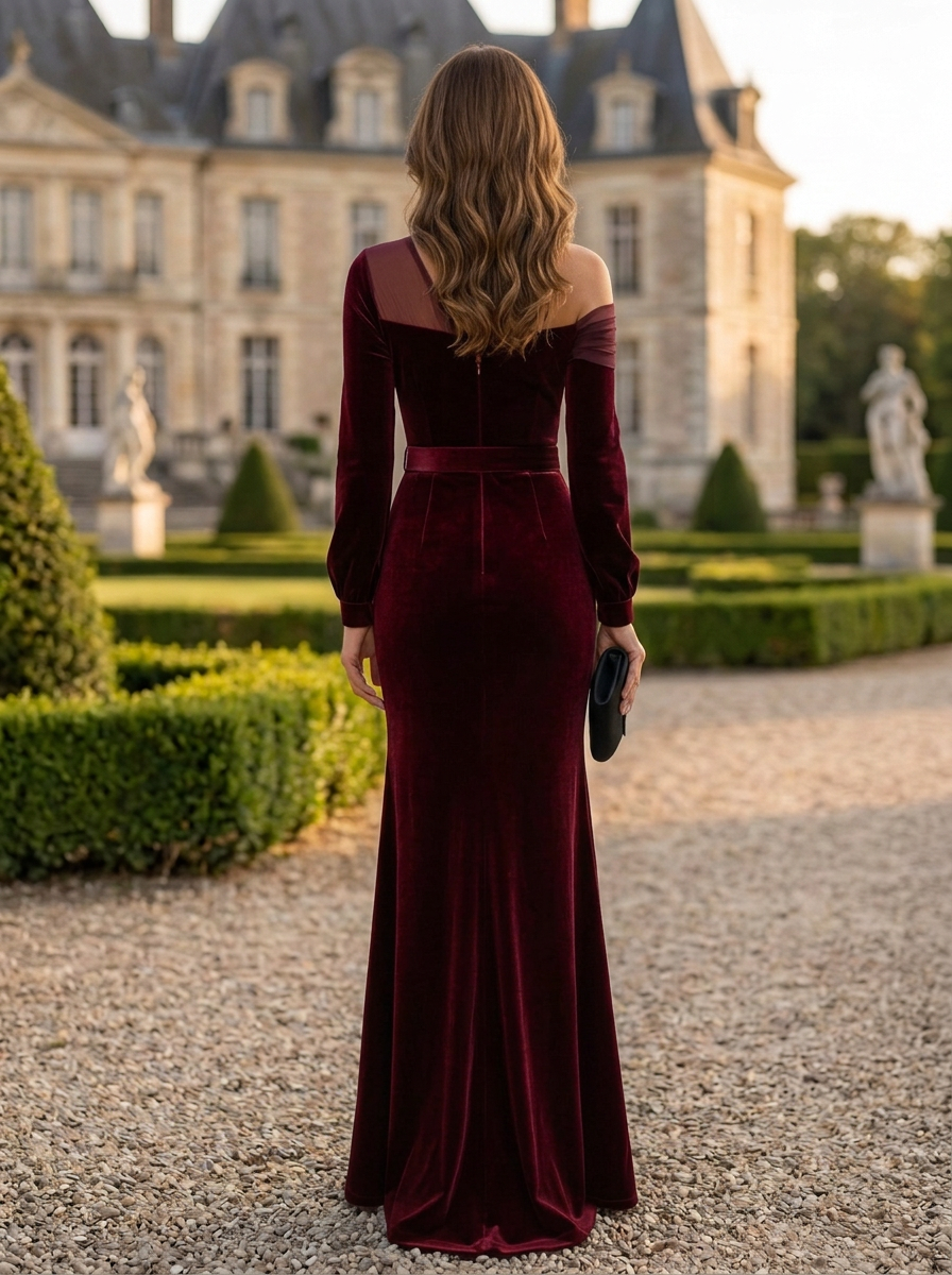 Burgundy Velvet One Shoulder Bow Belt Mermaid Maxi Dress