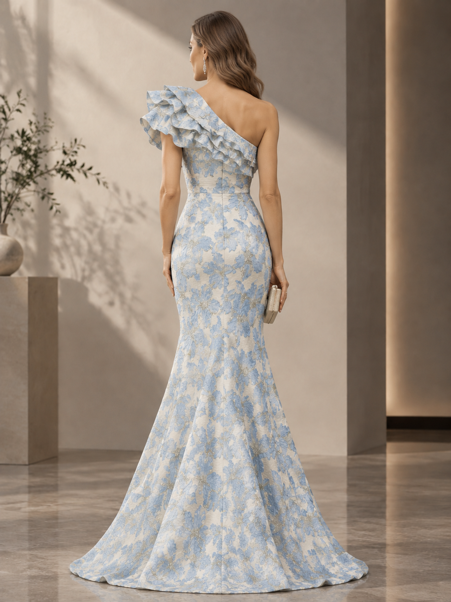 Navy Blue Floral Jacquard One Shoulder Ruffle Mermaid Maxi Dress