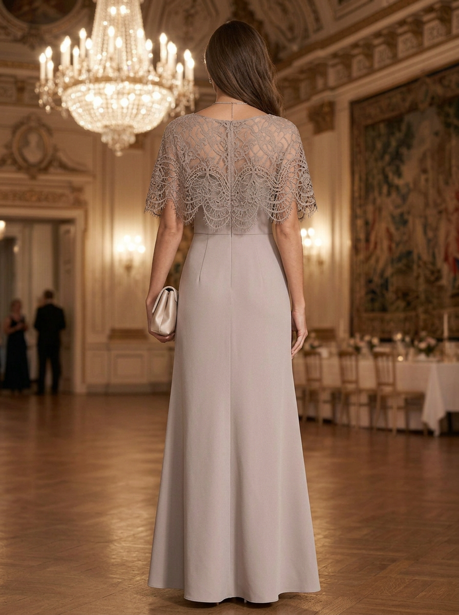 Taupe Lace Capelet Mermaid Maxi Dress