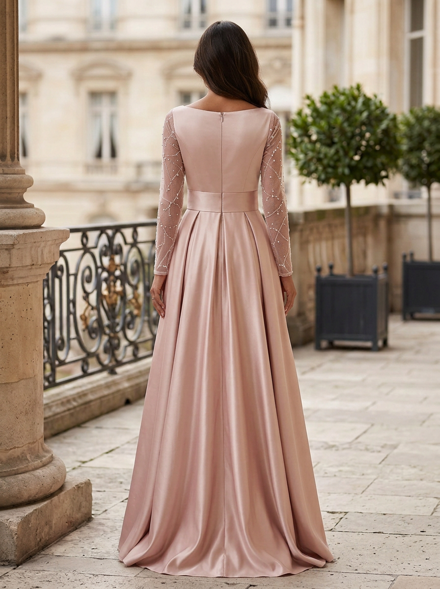 Blush Pink V-Neck Long Sleeve Beaded Mesh Maxi Dress